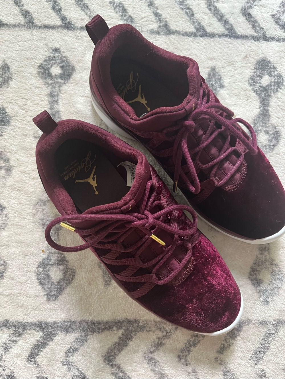 Jordan Low-Top Velvet Sneakers in Burgundy with Gold Accents